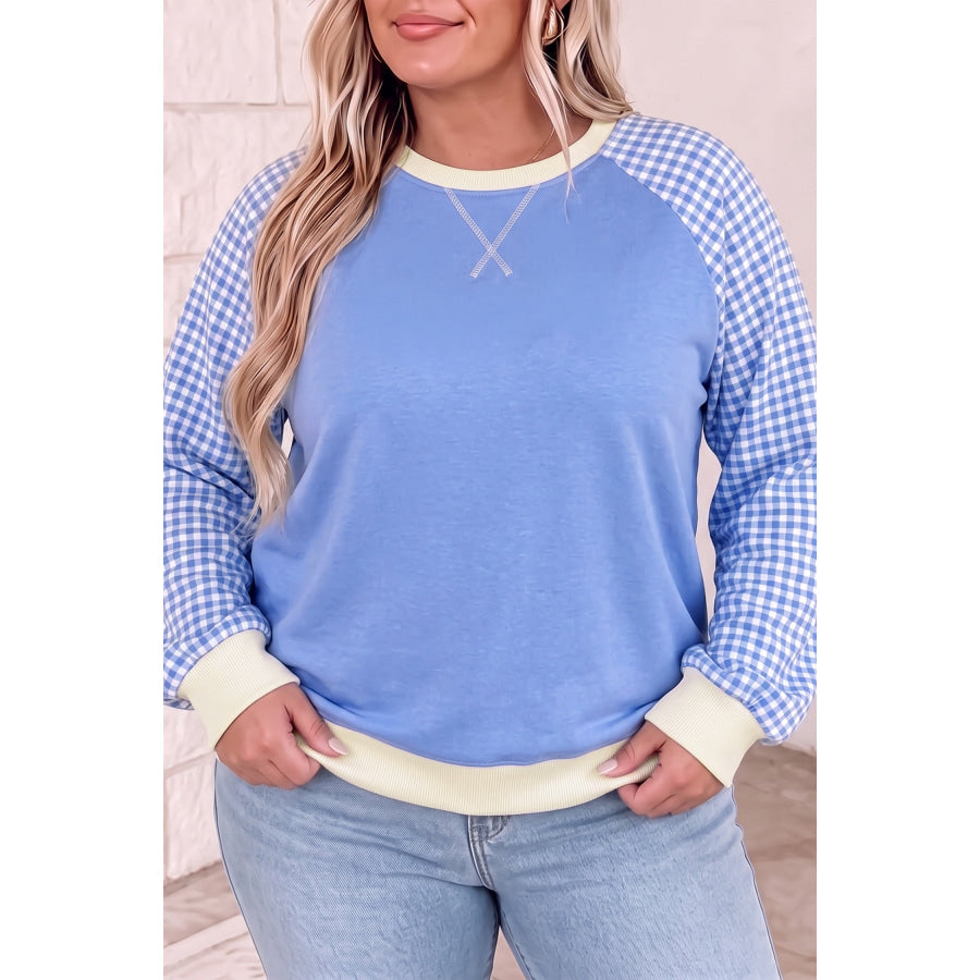 Light Blue Plaid Sleeve Ribbed Colorblock Trim Plus Size Sweatshirt / 1X / 65% Polyester + 35% Cotton Size/Plus Sweatshirts & Hoodies