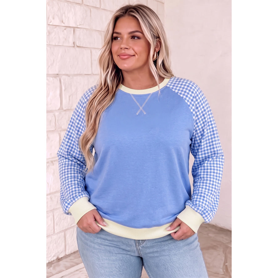 Light Blue Plaid Sleeve Ribbed Colorblock Trim Plus Size Sweatshirt / 1X / 65% Polyester + 35% Cotton Size/Plus Sweatshirts & Hoodies