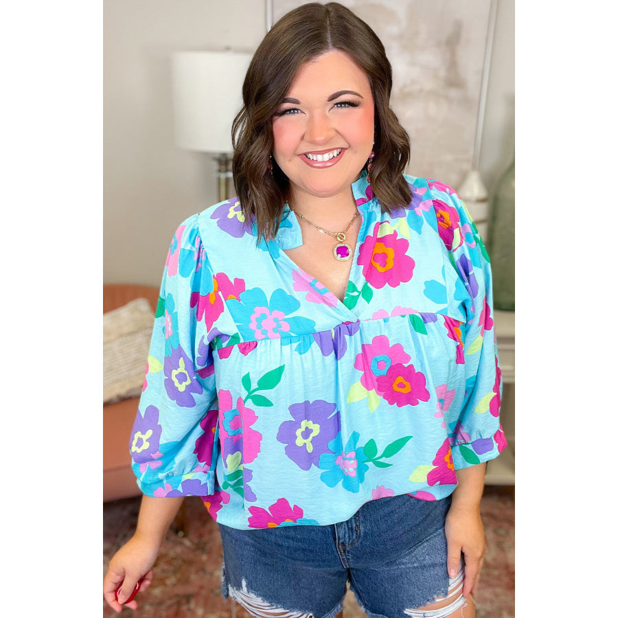 Light Blue Plus Size Floral Print Notched V Neck Babydoll Blouse Plus Size/Plus Size Tops/Plus Size Blouses &amp; Shirts