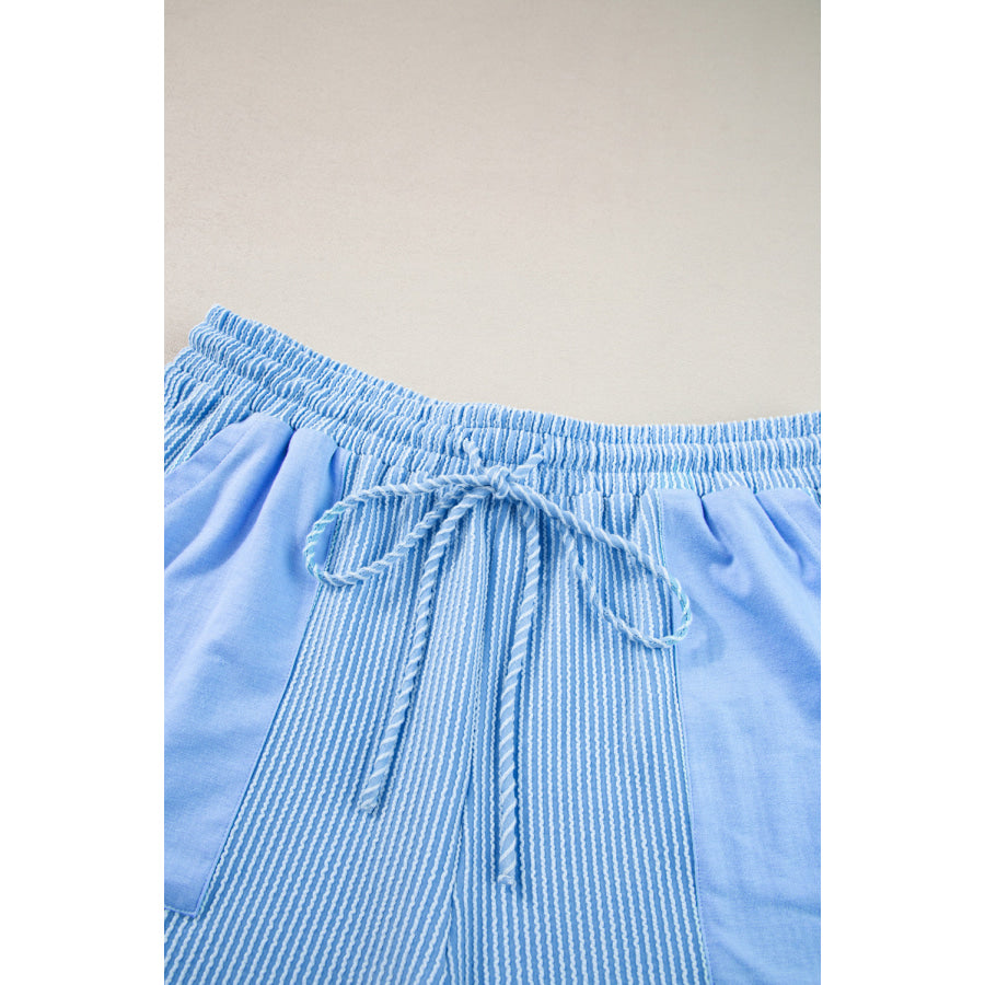 Light Blue Plus Size Ribbed Long Sleeve Top and Drawstring Shorts Set Plus Size/Plus Size Loungewear