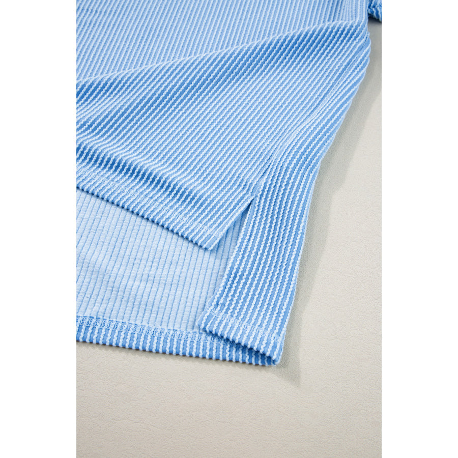Light Blue Plus Size Ribbed Long Sleeve Top and Drawstring Shorts Set Plus Size/Plus Size Loungewear