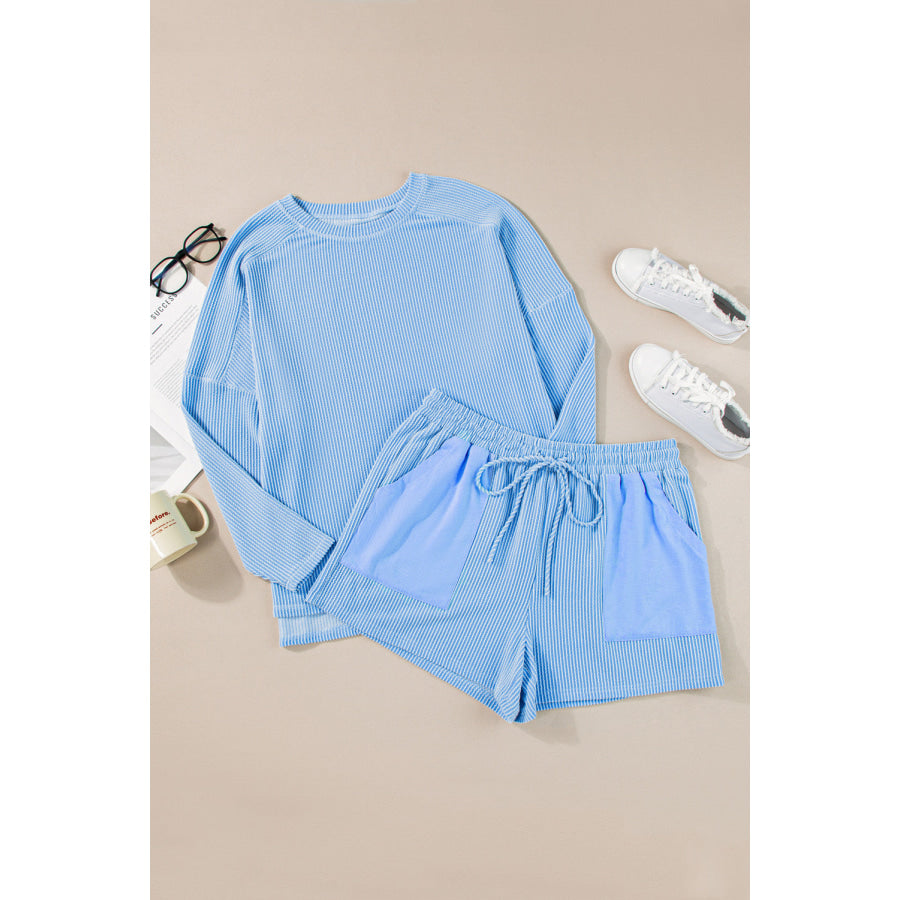 Light Blue Plus Size Ribbed Long Sleeve Top and Drawstring Shorts Set Plus Size/Plus Size Loungewear