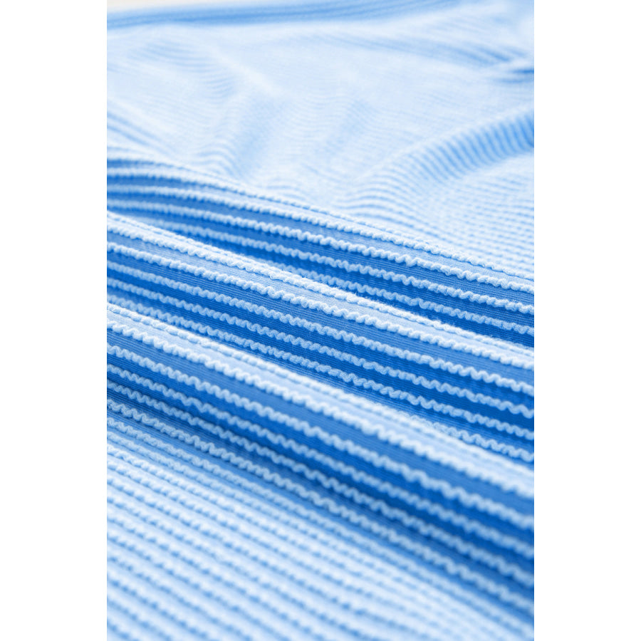 Light Blue Plus Size Ribbed Long Sleeve Top and Drawstring Shorts Set Plus Size/Plus Size Loungewear