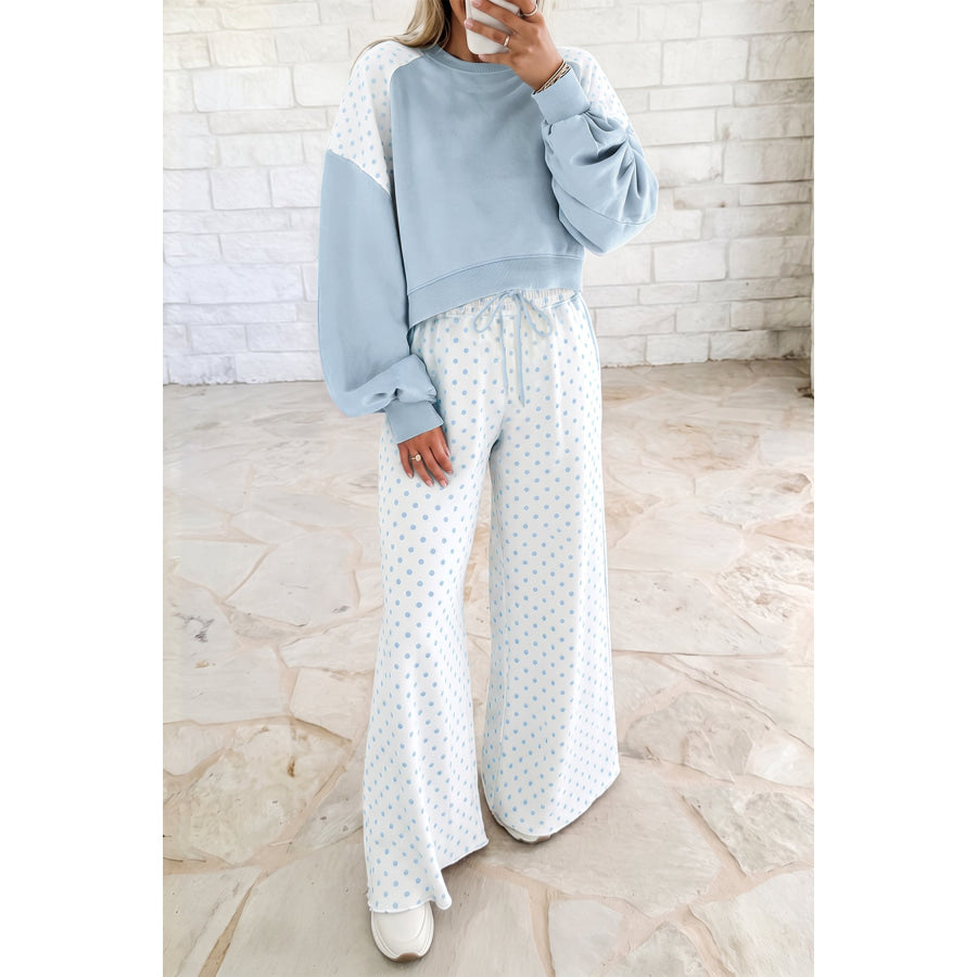 Light Blue Polka Dot Patchwork Colorblock Long Sleeve Casual Two Piece Pants Set Two Piece Sets/Pant Sets