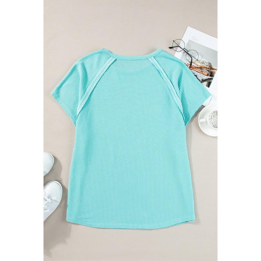 Light Blue Ribbed Exposed Seam Casual Plus Size T Shirt Plus Size/Plus Size Tops/Plus Size Tops &amp; Tees