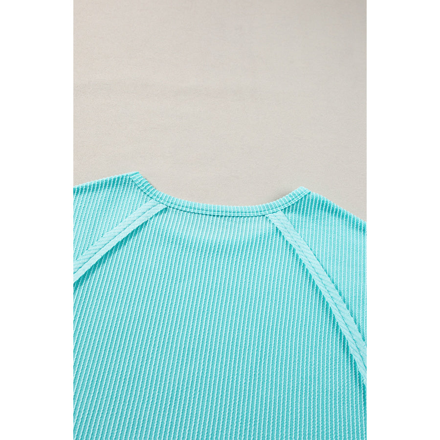 Light Blue Ribbed Exposed Seam Casual Plus Size T Shirt Plus Size/Plus Size Tops/Plus Size Tops &amp; Tees