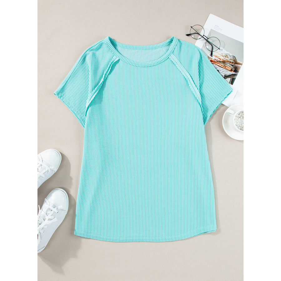 Light Blue Ribbed Exposed Seam Casual Plus Size T Shirt Plus Size/Plus Size Tops/Plus Size Tops &amp; Tees