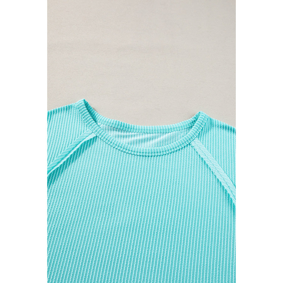 Light Blue Ribbed Exposed Seam Casual Plus Size T Shirt Plus Size/Plus Size Tops/Plus Size Tops &amp; Tees