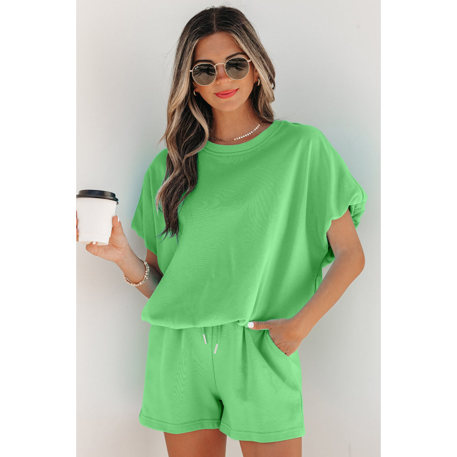Light Blue Solid Color Puffy Loose Top Drawstring Shorts 2pcs Outfit Green / S / 80% Cotton + 20% Polyester Two Piece Sets/Short Sets