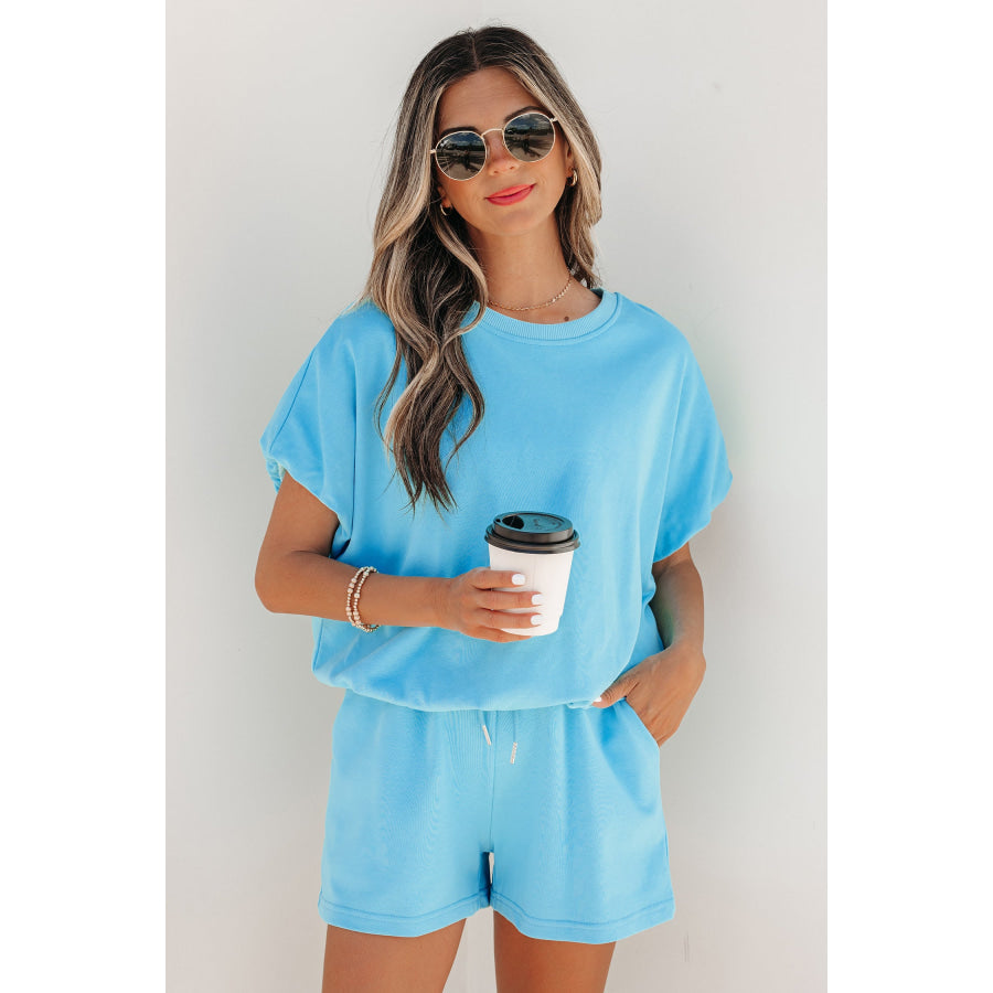 Light Blue Solid Color Puffy Loose Top Drawstring Shorts 2pcs Outfit Light Blue / S / 80% Cotton + 20% Polyester Two Piece Sets/Short Sets