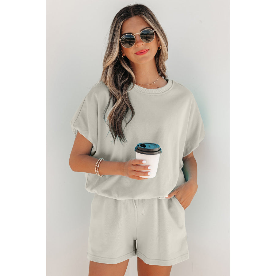 Light Blue Solid Color Puffy Loose Top Drawstring Shorts 2pcs Outfit Smoke Gray / S / 80% Cotton + 20% Polyester Two Piece Sets/Short Sets