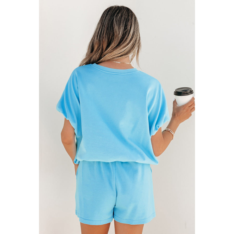 Light Blue Solid Color Puffy Loose Top Drawstring Shorts 2pcs Outfit Two Piece Sets/Short Sets