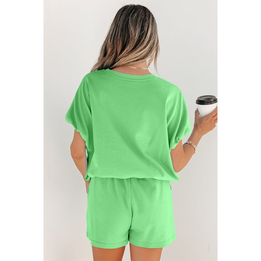 Light Blue Solid Color Puffy Loose Top Drawstring Shorts 2pcs Outfit Two Piece Sets/Short Sets