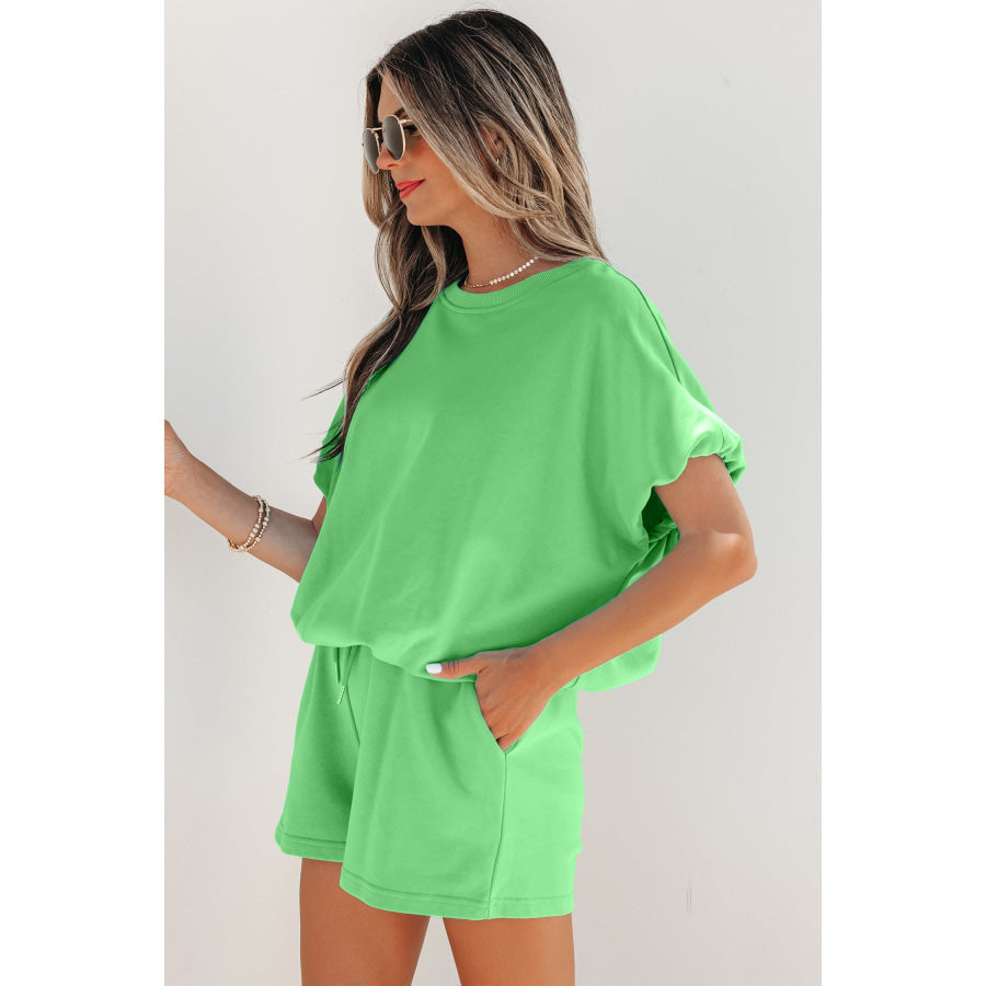 Light Blue Solid Color Puffy Loose Top Drawstring Shorts 2pcs Outfit Two Piece Sets/Short Sets