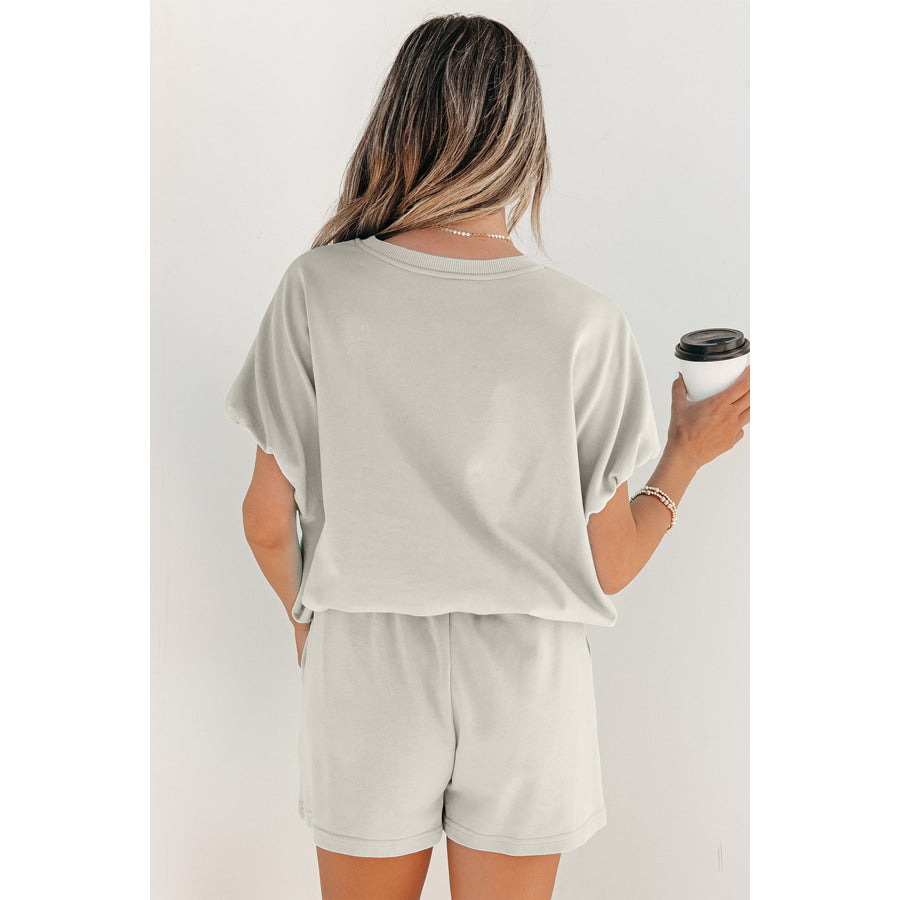 Light Blue Solid Color Puffy Loose Top Drawstring Shorts 2pcs Outfit Two Piece Sets/Short Sets