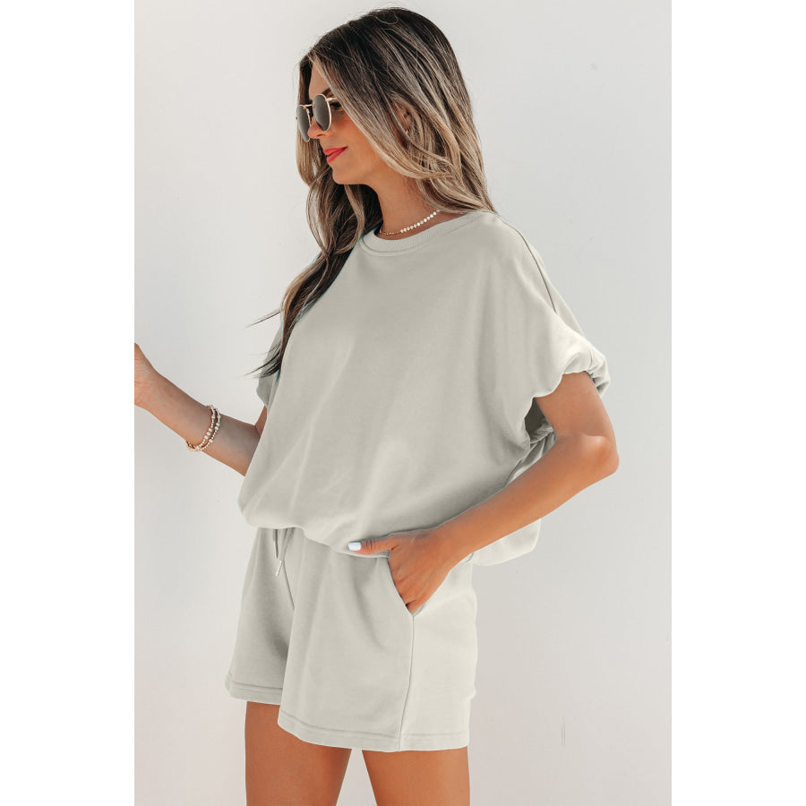 Light Blue Solid Color Puffy Loose Top Drawstring Shorts 2pcs Outfit Two Piece Sets/Short Sets