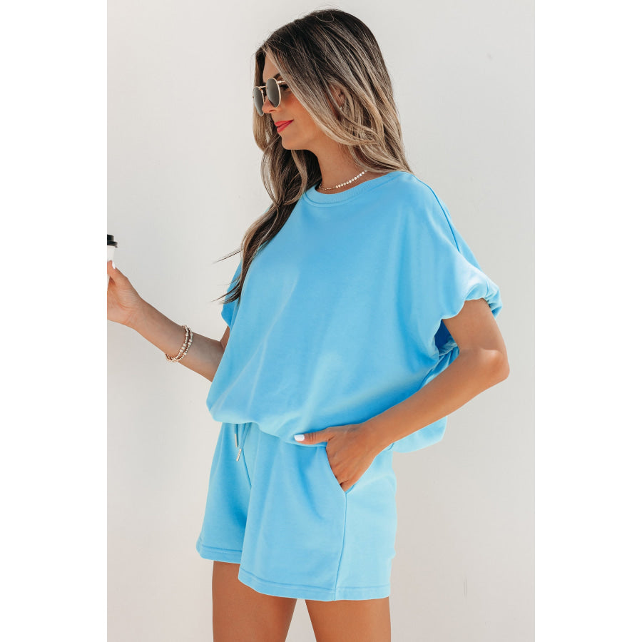 Light Blue Solid Color Puffy Loose Top Drawstring Shorts 2pcs Outfit Two Piece Sets/Short Sets