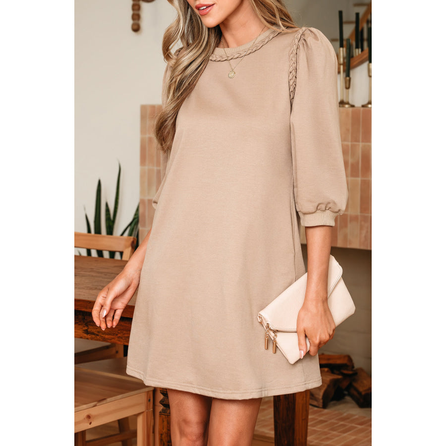 Light French Beige Braided Trim Puff Sleeve Dress Dresses/T Shirt Dresses