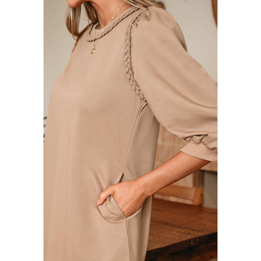 Light French Beige Braided Trim Puff Sleeve Dress Dresses/T Shirt Dresses