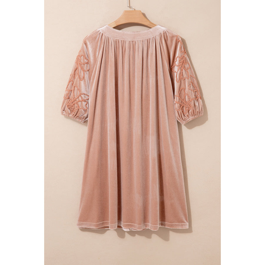 Light French Beige Embroidered Sleeve Velvet Mini Shift Dress Dresses/Mini Dresses