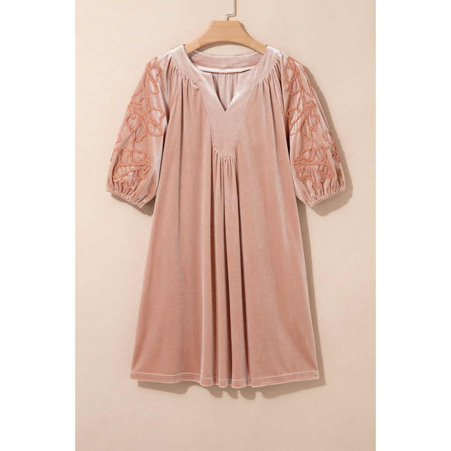 Light French Beige Embroidered Sleeve Velvet Mini Shift Dress Dresses/Mini Dresses