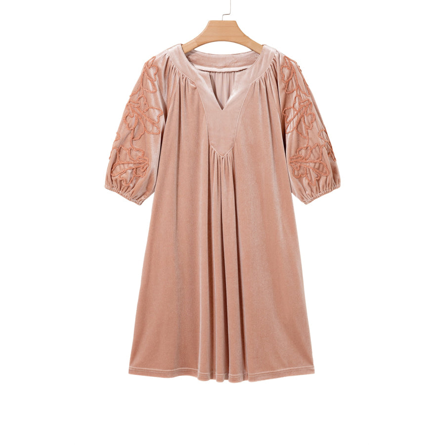 Light French Beige Embroidered Sleeve Velvet Mini Shift Dress Dresses/Mini Dresses