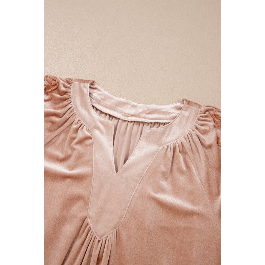 Light French Beige Embroidered Sleeve Velvet Mini Shift Dress Dresses/Mini Dresses