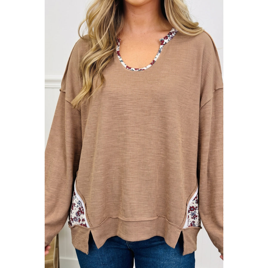 Light French Beige Floral Trim U Neck Long Sleeve Tunic Casual Pullover Top / S / 62% Polyester + 32% Cotton + 6% Elastane Tops/Long Tops