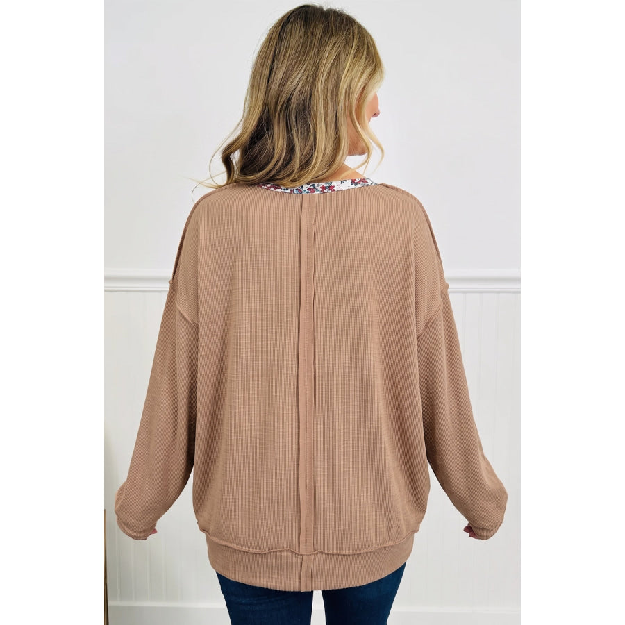 Light French Beige Floral Trim U Neck Long Sleeve Tunic Casual Pullover Top Tops/Long Tops