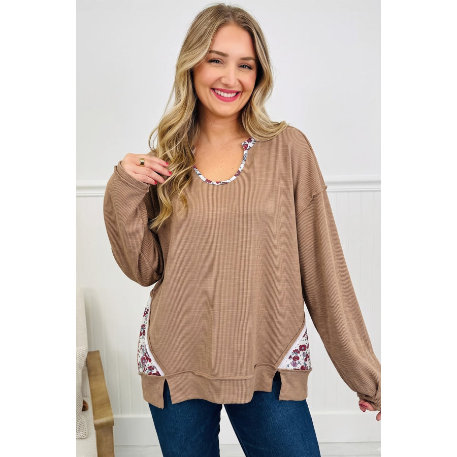 Light French Beige Floral Trim U Neck Long Sleeve Tunic Casual Pullover Top Tops/Long Tops