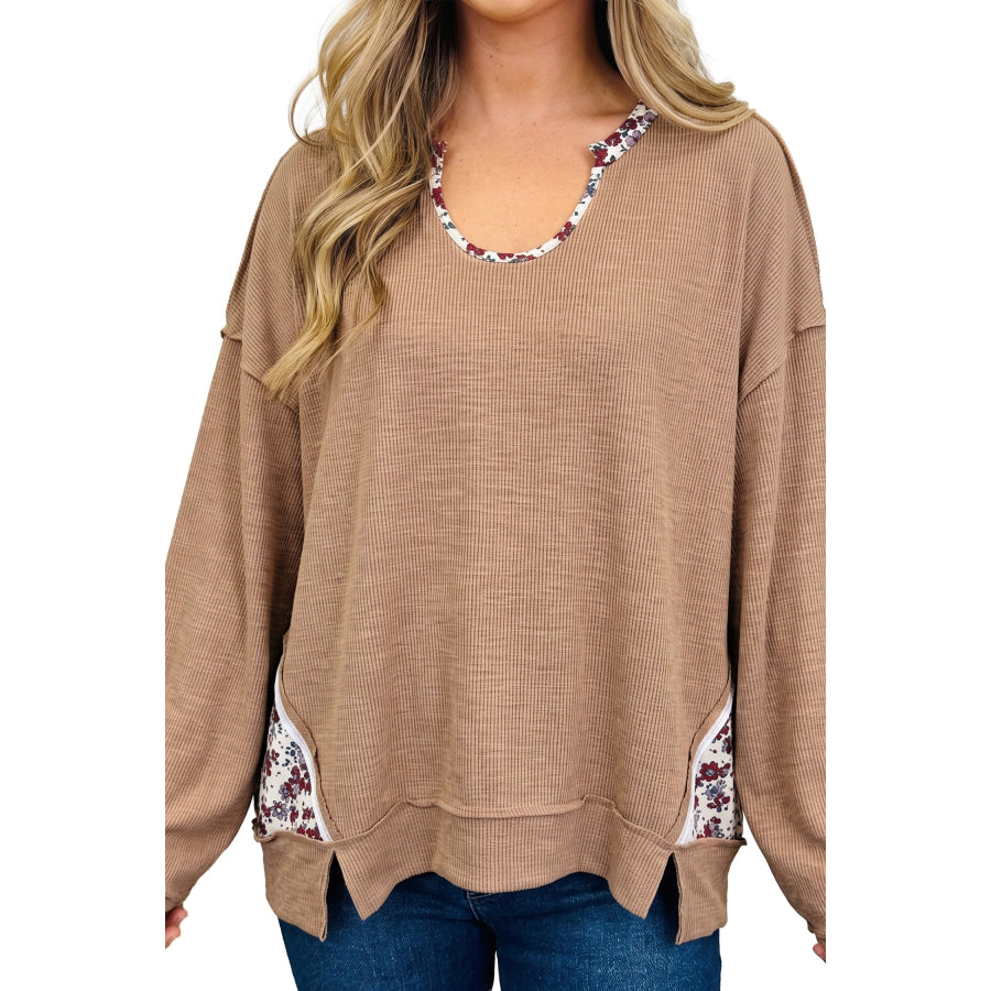 Light French Beige Floral Trim U Neck Long Sleeve Tunic Casual Pullover Top Tops/Long Tops