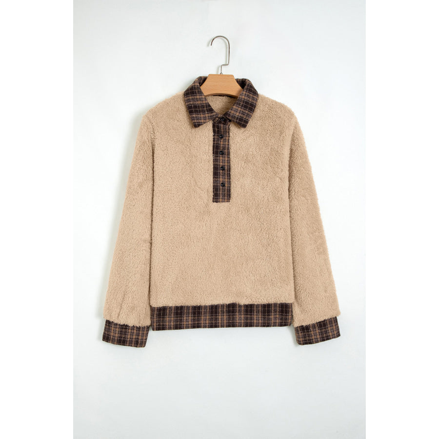 Light French Beige Plaid Collar Button Front Fleece Pullover Sweatshirt Tops/Sweatshirts & Hoodies