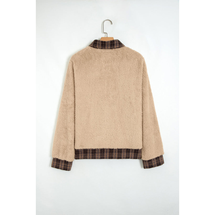 Light French Beige Plaid Collar Button Front Fleece Pullover Sweatshirt Tops/Sweatshirts & Hoodies