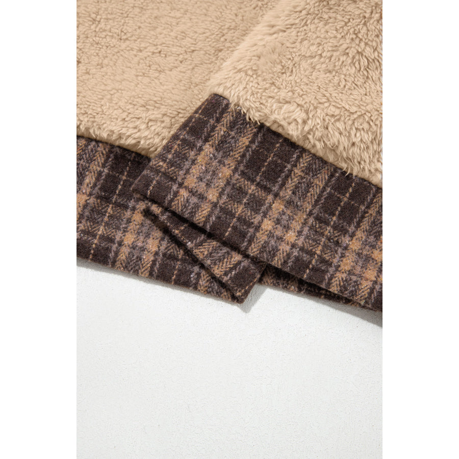 Light French Beige Plaid Collar Button Front Fleece Pullover Sweatshirt Tops/Sweatshirts & Hoodies