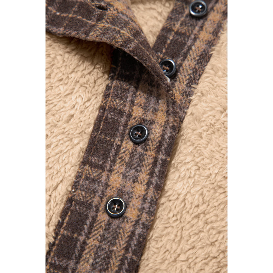 Light French Beige Plaid Collar Button Front Fleece Pullover Sweatshirt Tops/Sweatshirts & Hoodies
