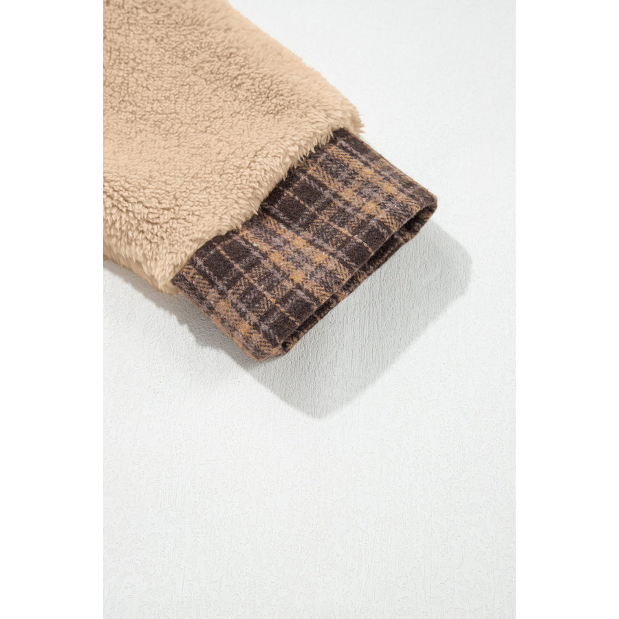 Light French Beige Plaid Collar Button Front Fleece Pullover Sweatshirt Tops/Sweatshirts & Hoodies