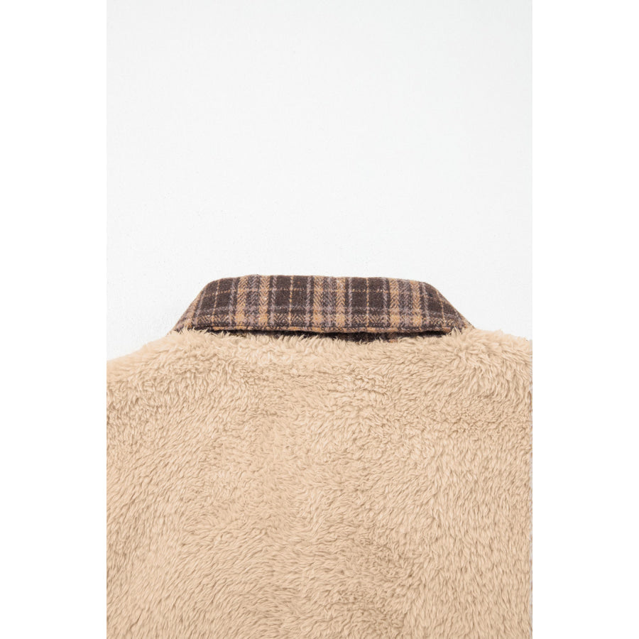 Light French Beige Plaid Collar Button Front Fleece Pullover Sweatshirt Tops/Sweatshirts & Hoodies