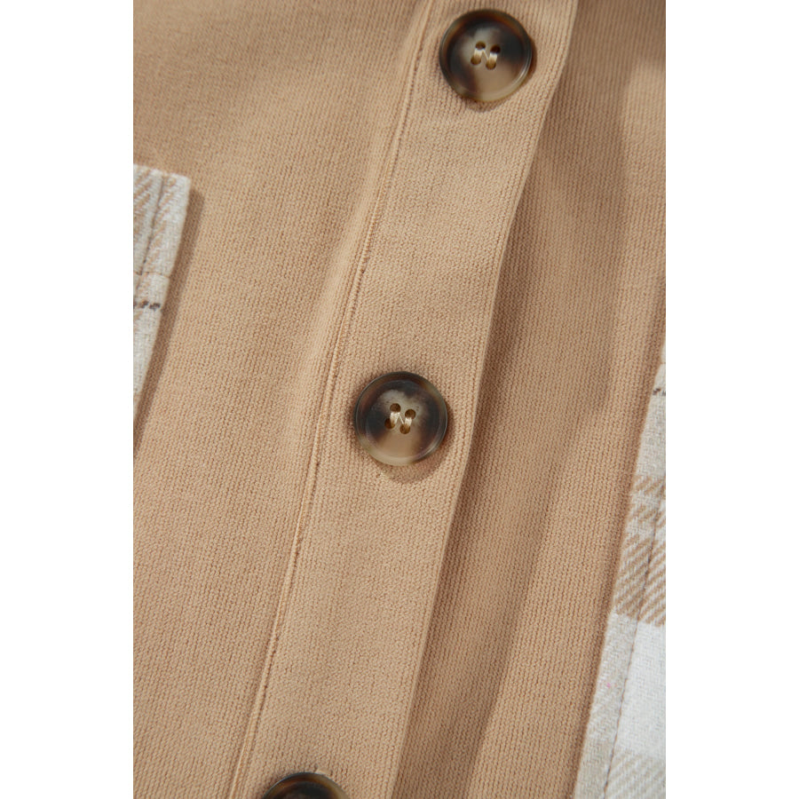 Light French Beige Plaid Colorblock Shirt Collar Shift Shacket Outerwear/Jackets