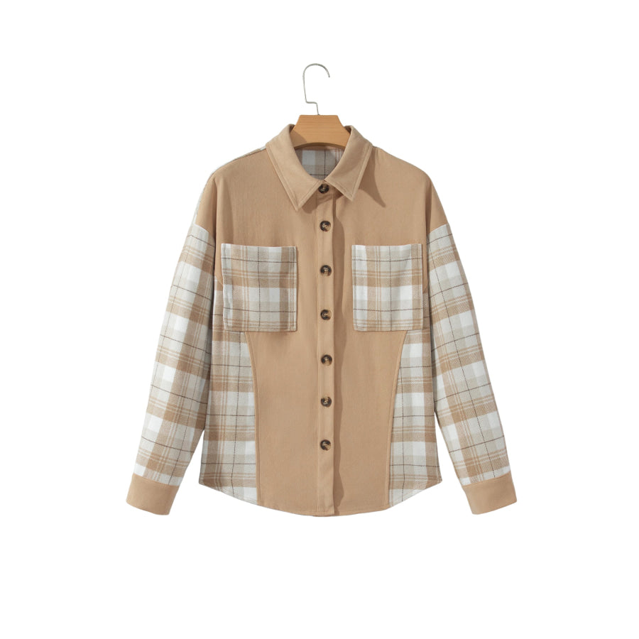 Light French Beige Plaid Colorblock Shirt Collar Shift Shacket Outerwear/Jackets