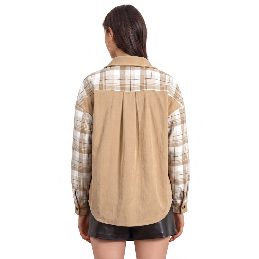 Light French Beige Plaid Colorblock Shirt Collar Shift Shacket Outerwear/Jackets