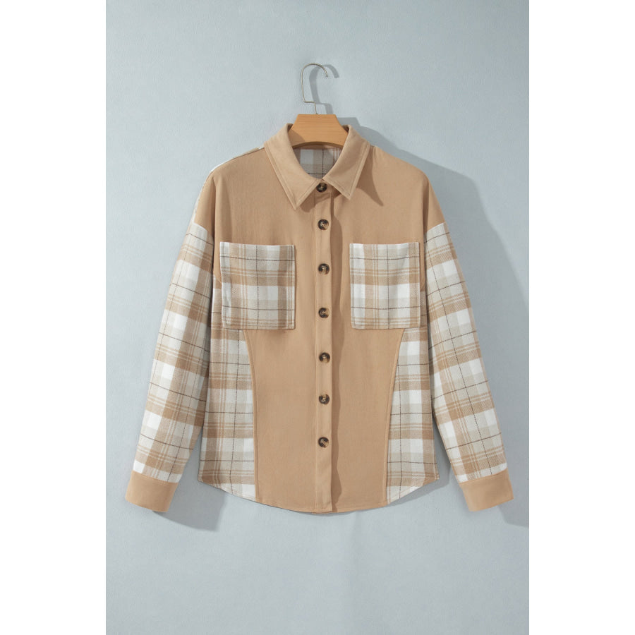 Light French Beige Plaid Colorblock Shirt Collar Shift Shacket Outerwear/Jackets