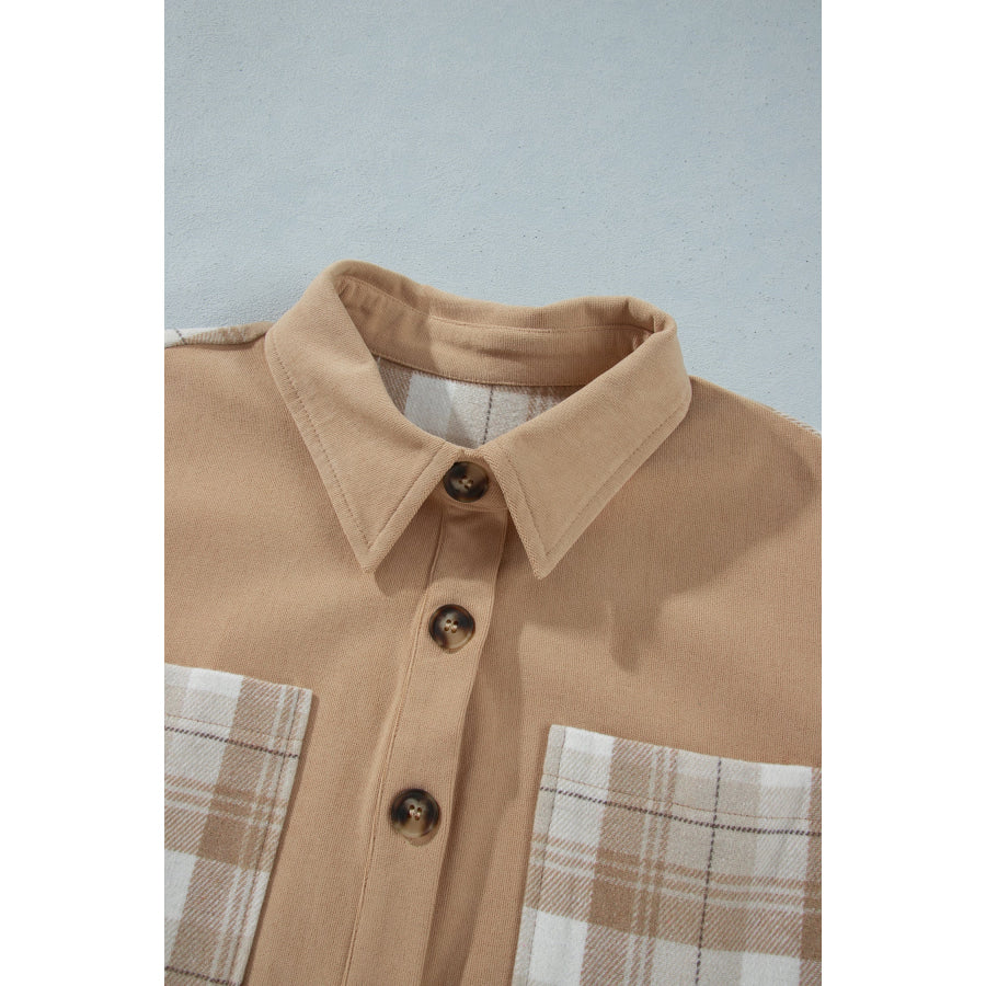 Light French Beige Plaid Colorblock Shirt Collar Shift Shacket Outerwear/Jackets