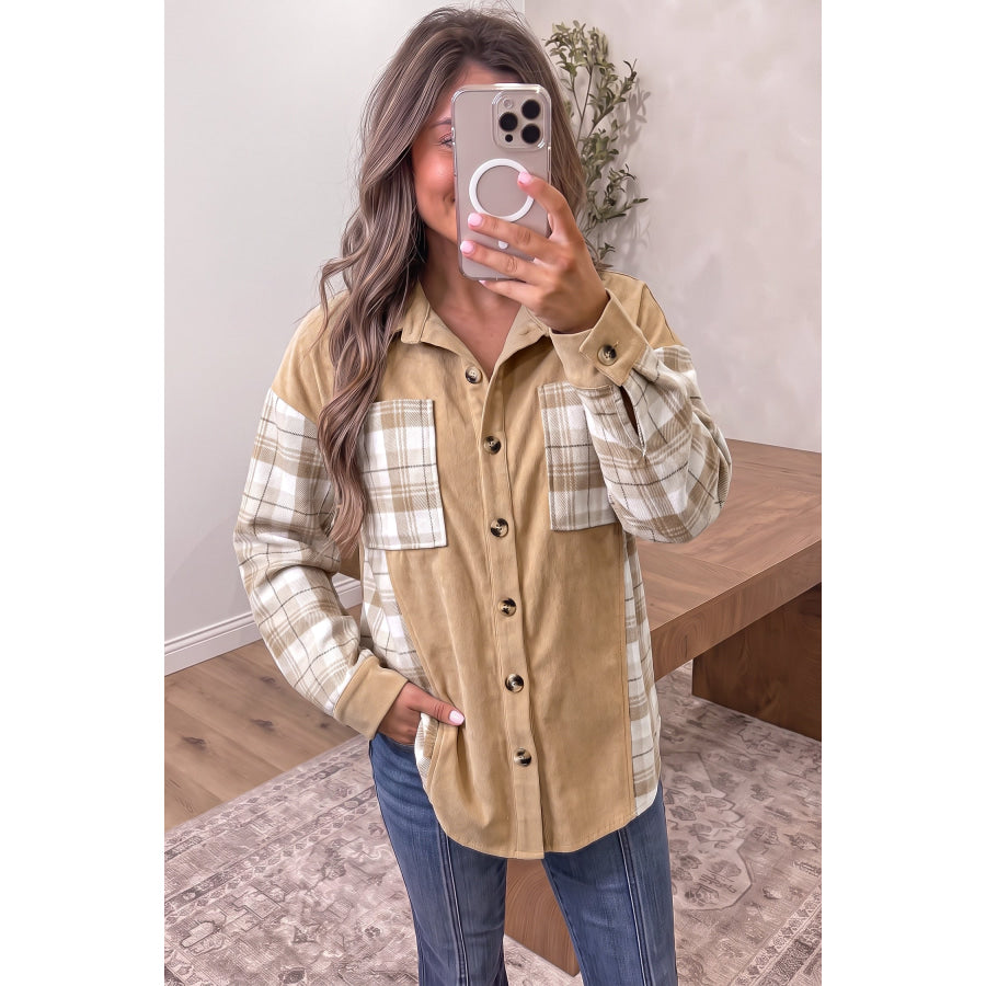 Light French Beige Plaid Colorblock Shirt Collar Shift Shacket Outerwear/Jackets