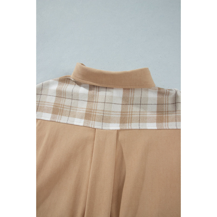 Light French Beige Plaid Colorblock Shirt Collar Shift Shacket Outerwear/Jackets