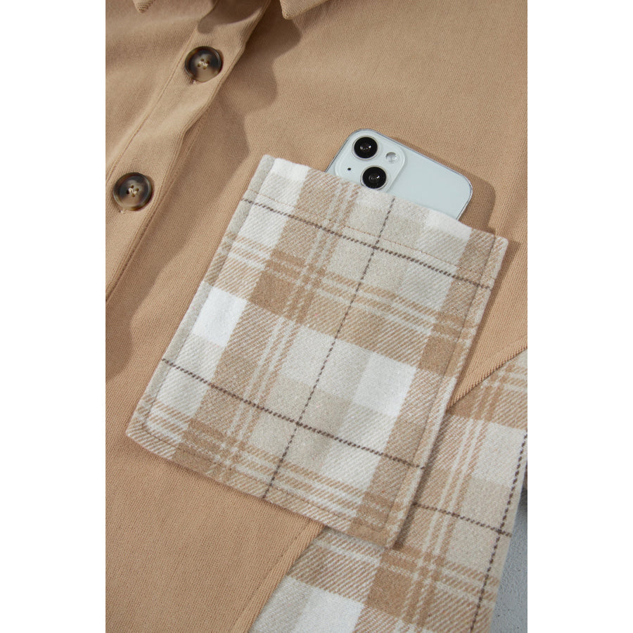 Light French Beige Plaid Colorblock Shirt Collar Shift Shacket Outerwear/Jackets