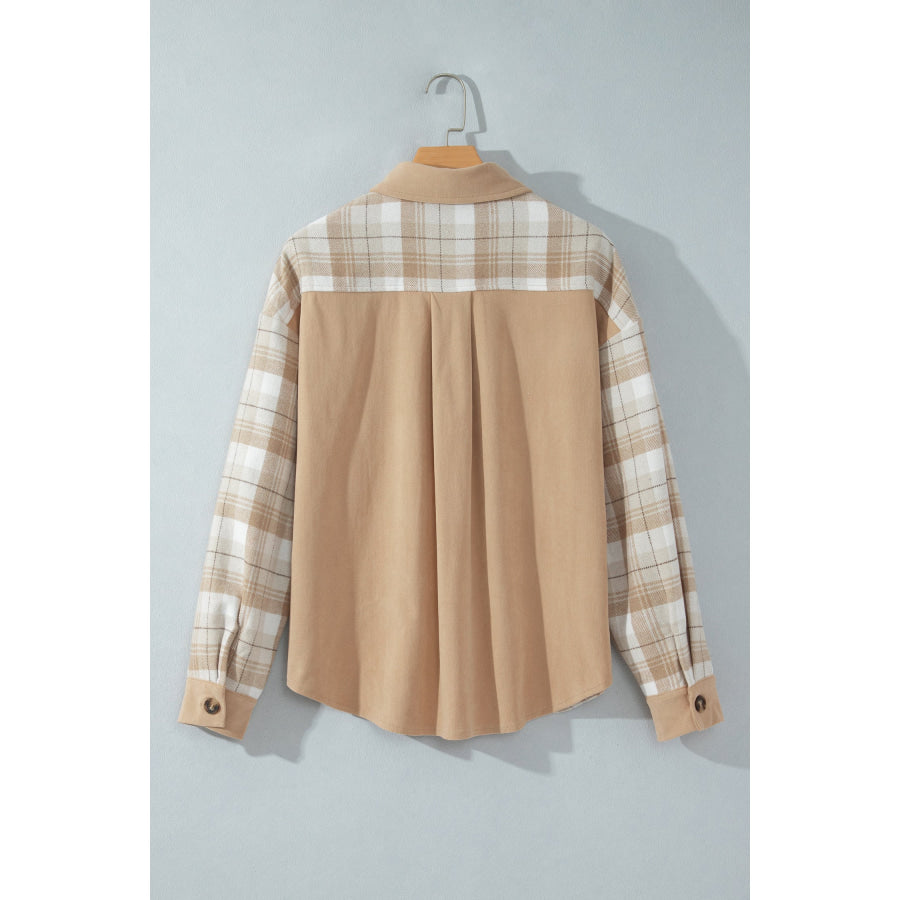 Light French Beige Plaid Colorblock Shirt Collar Shift Shacket Outerwear/Jackets