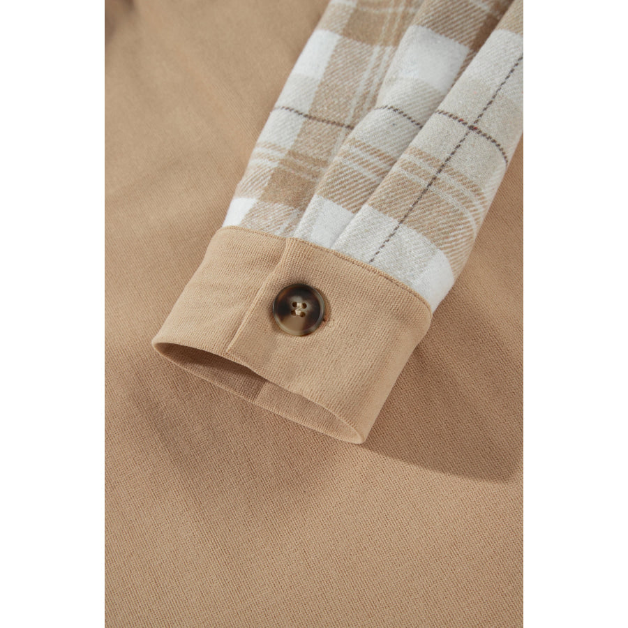 Light French Beige Plaid Colorblock Shirt Collar Shift Shacket Outerwear/Jackets