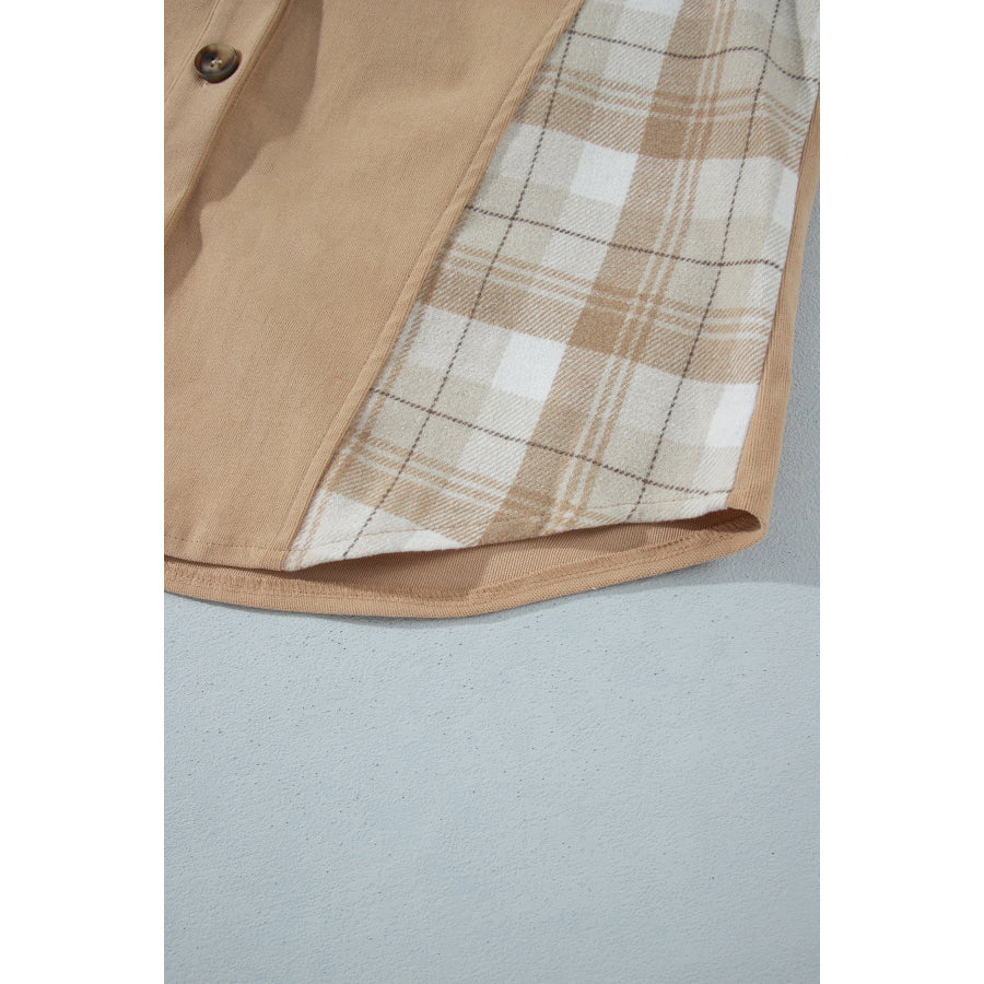 Light French Beige Plaid Colorblock Shirt Collar Shift Shacket Outerwear/Jackets