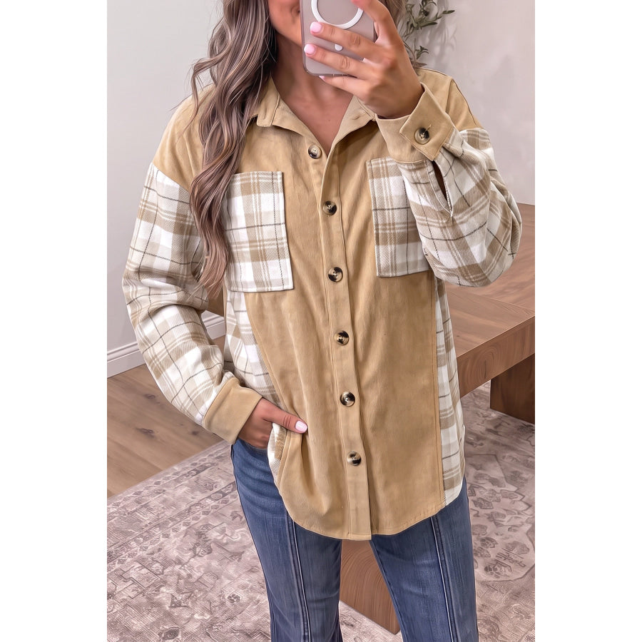 Light French Beige Plaid Colorblock Shirt Collar Shift Shacket Outerwear/Jackets