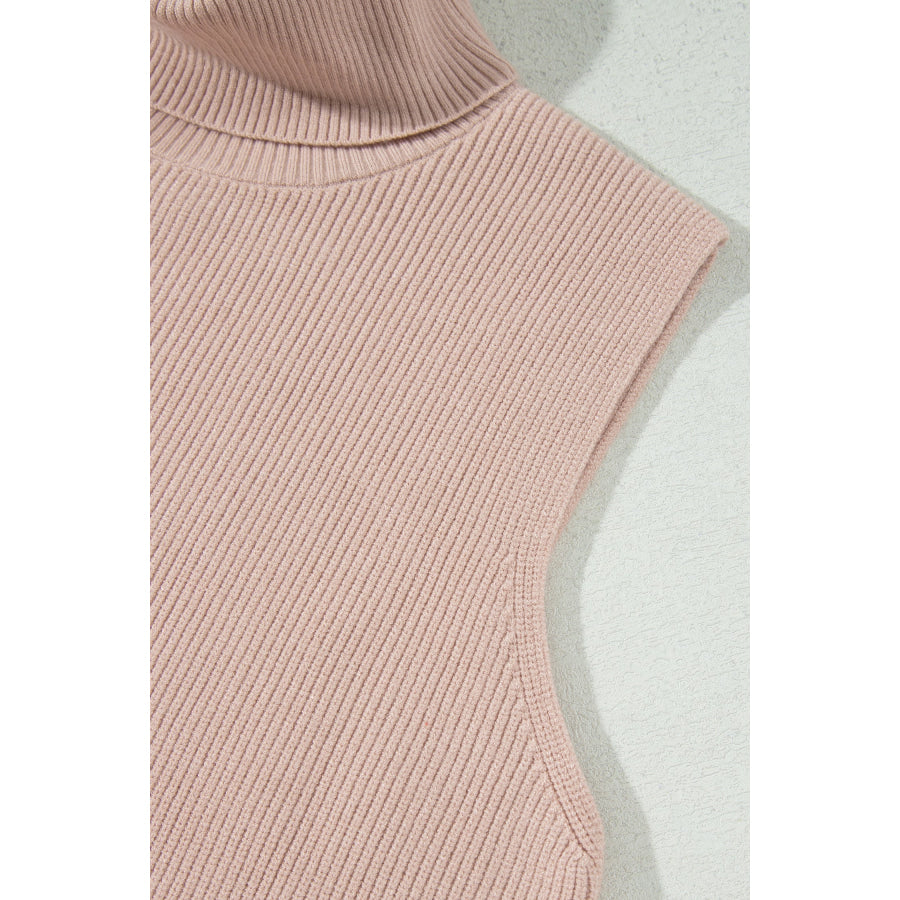 Light French Beige Sleeveless High Neck Knit Split Hem Shift Silhouette Wool Sweater Vest Sweaters & Cardigans/Sweater Vests